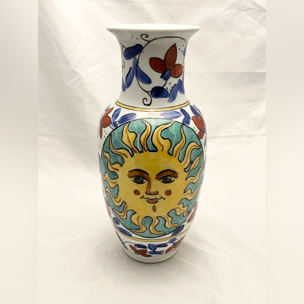 **SOLD** Hand-Painted Sunburst Ceramic Vase, 12 inch tall, MCM Home Decor EUC - Picture 2 of 14